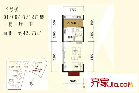 东莞时代华庭9号楼01、06、07、12户型图 1室1厅1卫1厨