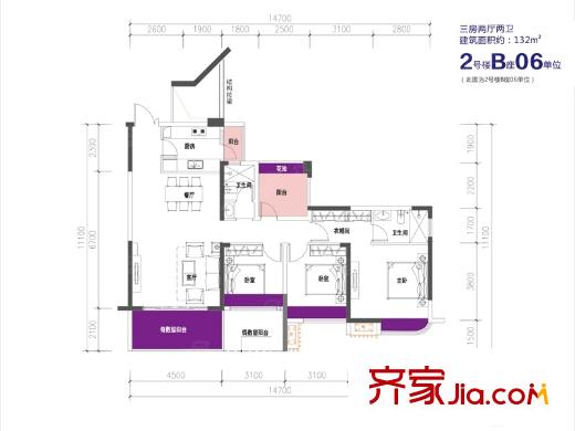 康达尔山海上城2号楼B座06户型 3室2厅2卫1厨
