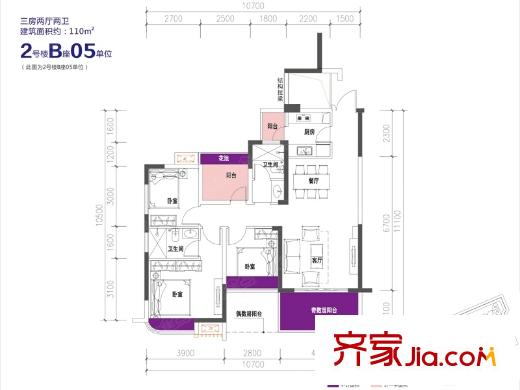 康达尔山海上城2号楼B座05户型 3室2厅2卫1厨