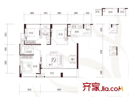 华业・玫瑰四季06户型 3室2厅2卫1厨