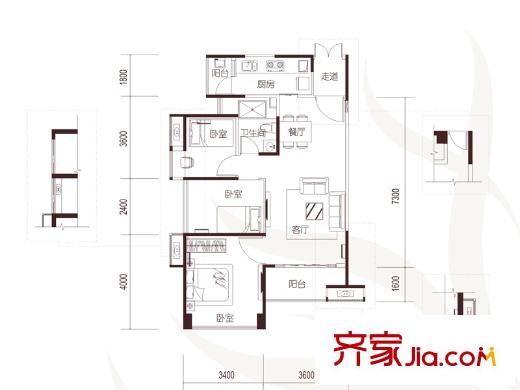 华业・玫瑰四季03户型 3室2厅1卫1厨