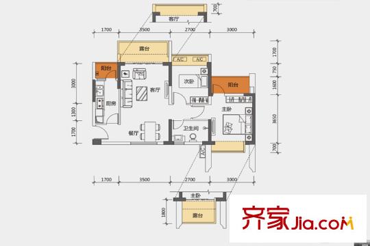颐安・都会中央2期A座B户型 2室2厅1卫1厨