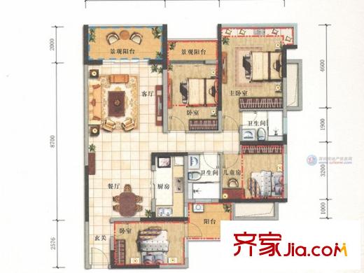 天峦湖2栋A座A4户型 4室2厅2卫1厨