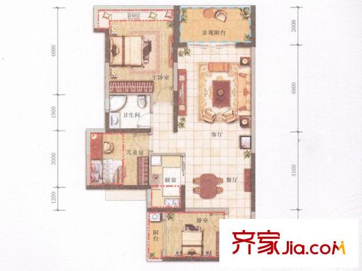 天峦湖2栋A座A3户型 3室2厅1卫1厨
