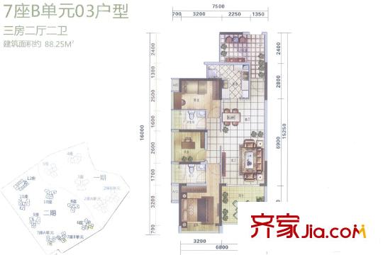 满京华喜悦里7座B单元03户型 3室2厅2卫1厨