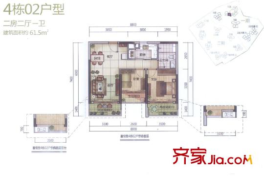 满京华喜悦里4栋02户型 2室2厅1卫1厨