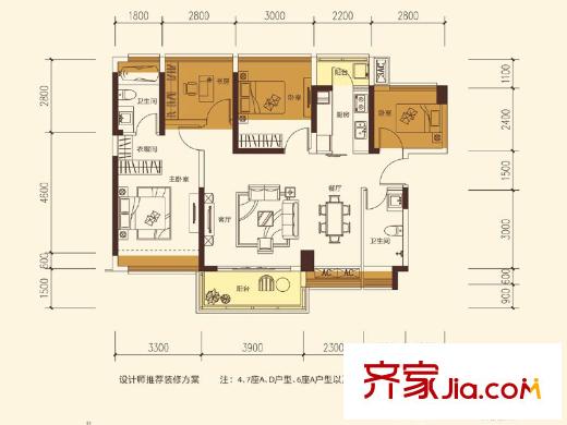 联投东方二期467座奇数层A户型457奇数层D户型 4室2厅2卫1厨