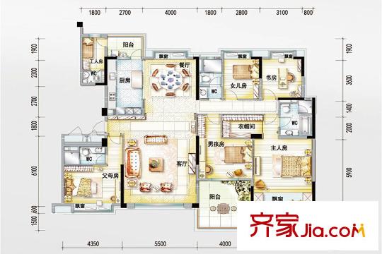 碧桂园天汇YJ245-T户型 5室2厅4卫1厨