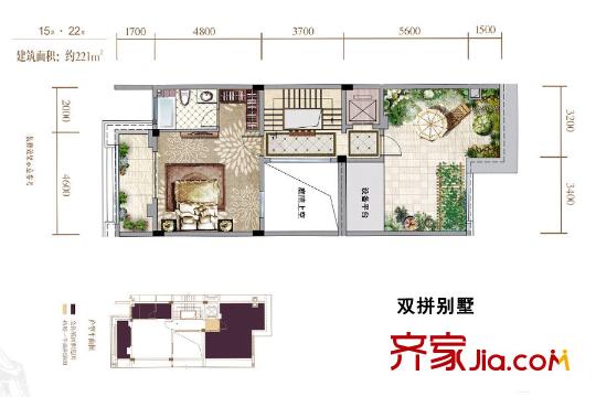 金地1平方米院双拼别墅三层B 1室1卫