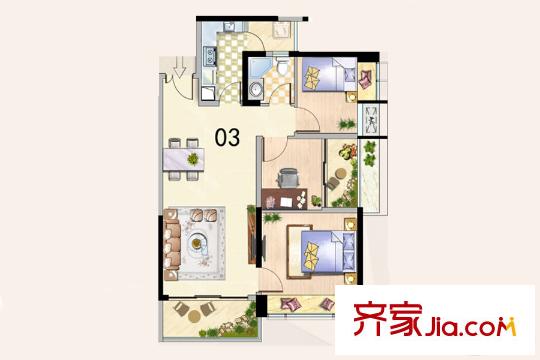 深业泰然观澜玫瑰苑D/E座03户型 3室2厅1卫1厨