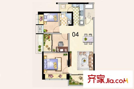 深业泰然观澜玫瑰苑D/E座04户型 3室2厅1卫1厨