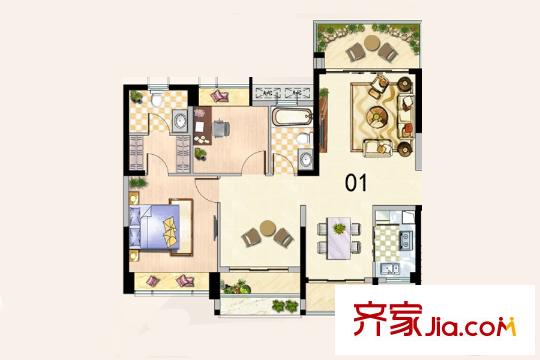 深业泰然观澜玫瑰苑C座01户型 3室2厅2卫1厨