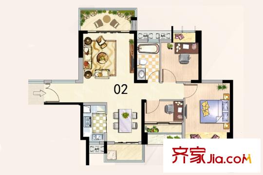 深业泰然观澜玫瑰苑D/E座02户型 3室2厅1卫1厨