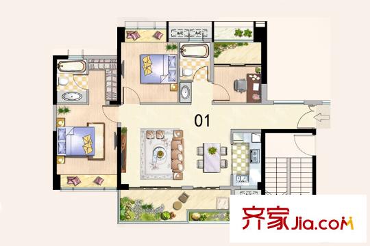 深业泰然观澜玫瑰苑D/E座01户型 3室2厅2卫1厨