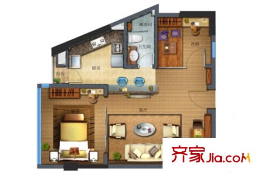 前海铂寓B户型2房2厅1卫81平米 2室2厅1卫1厨