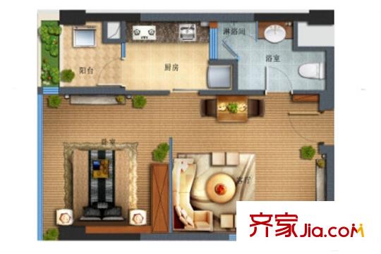 前海铂寓A户型1房1厅1卫74平米 1室1厅1卫1厨