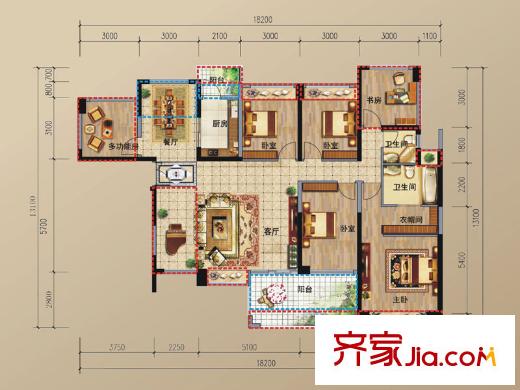 幸福城三期7栋A单元05+06户型 6室2厅2卫1厨