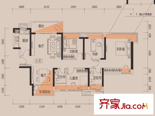 名巨中央花园2/4栋02户型、5栋01户型 4室2厅2卫1厨