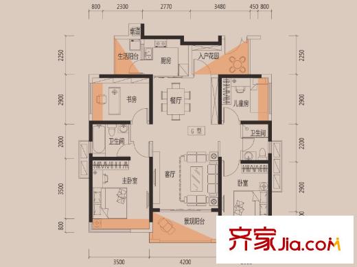 名巨中央花园8栋03单元户型 4室2厅2卫1厨