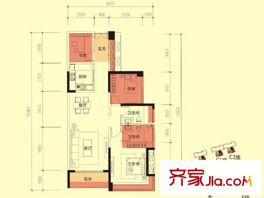 金亨利都荟首府B、C1和C2座的02、03户型A户型 3室2厅2卫1厨