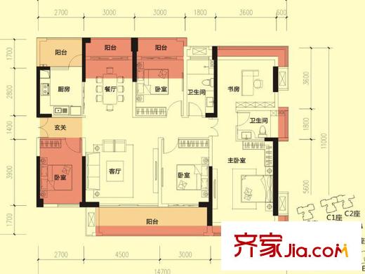 金亨利都荟首府D座01、04户型E户型 5室2厅2卫1厨