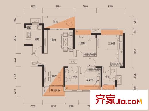 名巨中央花园1/5栋02户型、2/4栋01户型 3室2厅2卫1厨
