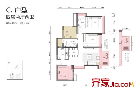 嘉亿・爵悦C2户型 4室2厅2卫1厨