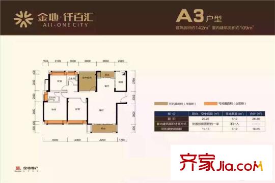 金地・仟百汇A3户型 4室2厅2卫1厨