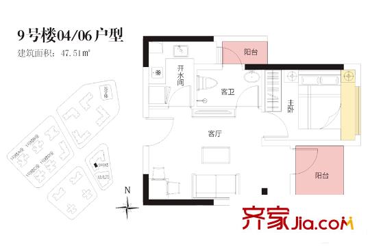 金地龙城中央9栋04/06户型 1室2厅1卫1厨