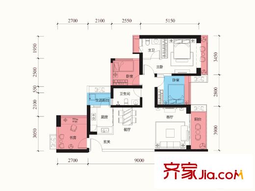 星河WORLD・银湖谷1栋01户型 4室2厅2卫1厨
