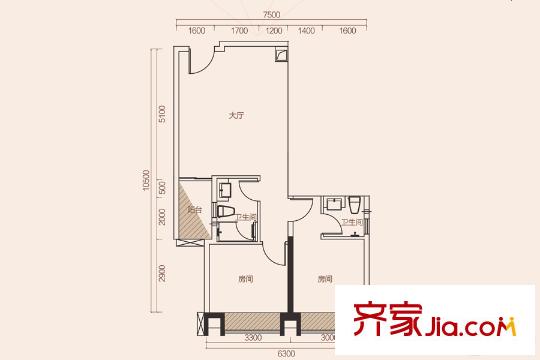 好益康世纪中心SOHO户型E 2室1厅2卫