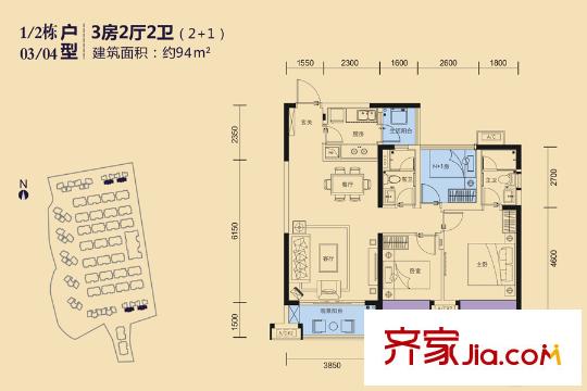 珠江・观澜御景1、2栋03、04户型 3室2厅2卫1厨