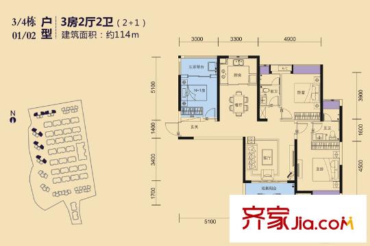 珠江・观澜御景3、4栋01、02户型 3室2厅2卫1厨