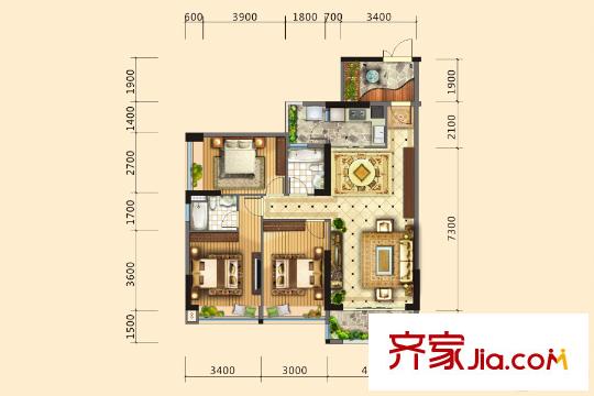 汇龙湾4栋1、2单元01、04户型图 3室2厅2卫1厨