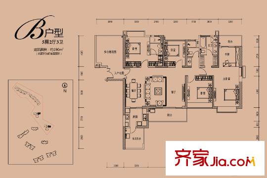 恒大帝景B户型 5室2厅3卫1厨