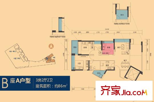 联美新天地B座A户型 3室2厅2卫1厨