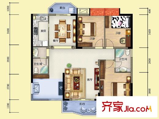 雅博世纪广场E2户型 3室2厅2卫1厨