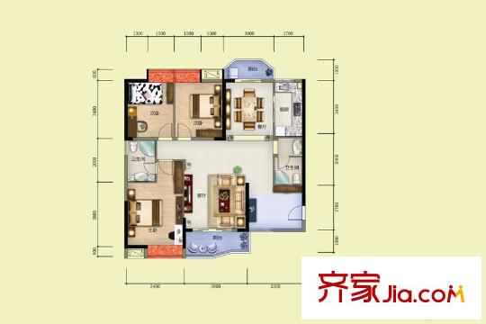 雅博世纪广场1栋03、04户型 3室2厅2卫1厨