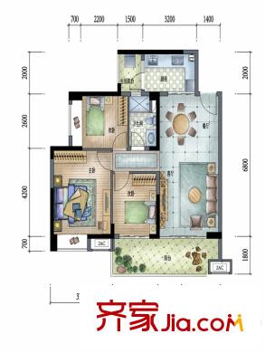 保利林语E-1、2栋C户型 3室2厅1卫1厨