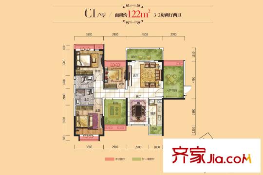龙光城C1户型 4室2厅2卫1厨