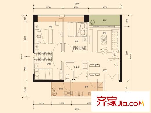宏发世纪城户型图一期A、B栋01户型 3室2厅1卫1厨