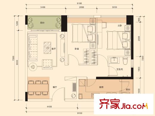 宏发世纪城户型图一期A、B栋07户型 2室2厅1卫1厨