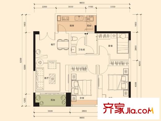 宏发世纪城户型图一期A、B栋06户型 3室2厅1卫1厨