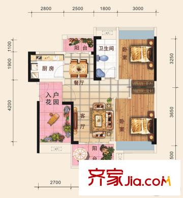 德丰凯旋城三期16栋E8户型 2室2厅1卫1厨