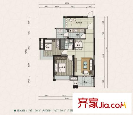 建曙高尔夫1号9栋B-3户型图 2室2厅1卫1厨