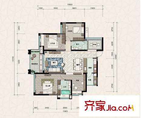建曙高尔夫1号5、8栋A1-3户型图 4室2厅2卫1厨