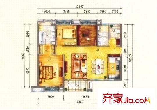 万科金域松湖户型图红平方米之光 3室2厅2卫1厨