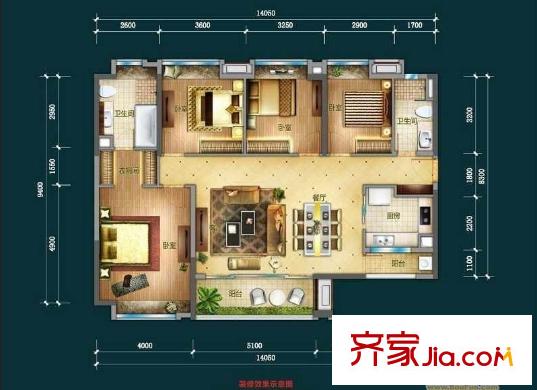 万科金域松湖户型图玛瑙之境户型 4室2厅2卫1厨