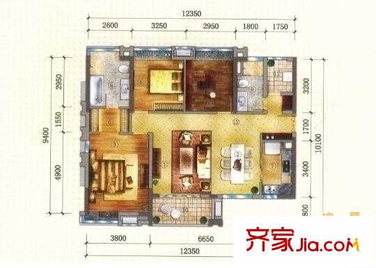 万科金域松湖户型图红平方米之珠 3室2厅2卫1厨