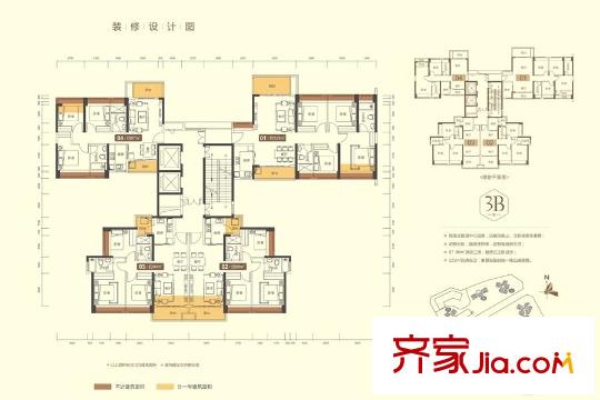 中粮凤凰里3B座户型图 3室2厅2卫1厨